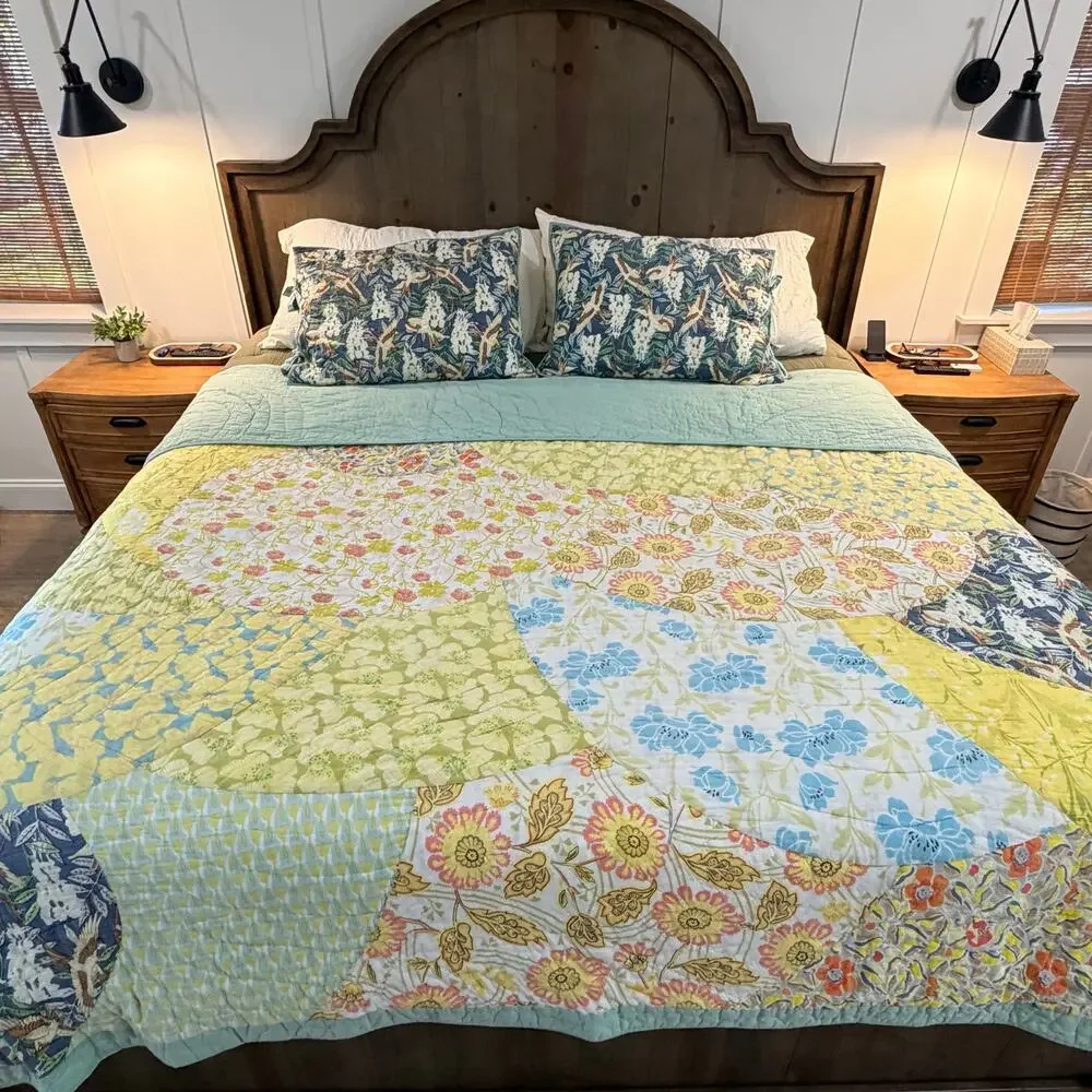 Vintage Pottery Barn King Patchwork Quilt & Shams Bird Floral Cottagecore RARE